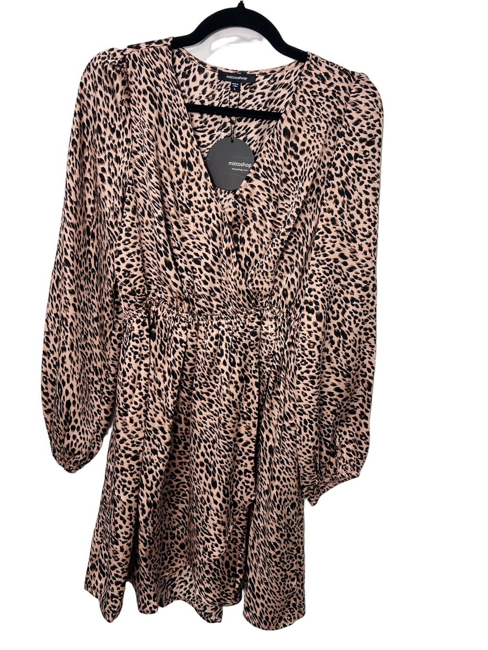 Mittoshop • Women’s  Beige and Black Leopard Print V-Neck Balloon Sleeve Dress - Picture 3 of 11